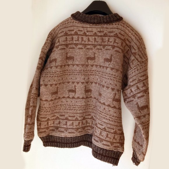 Wool Del Mundo Sweater Thick Llama Print Pockets Medium Vintage Boho Warm Unique - Picture 6 of 7
